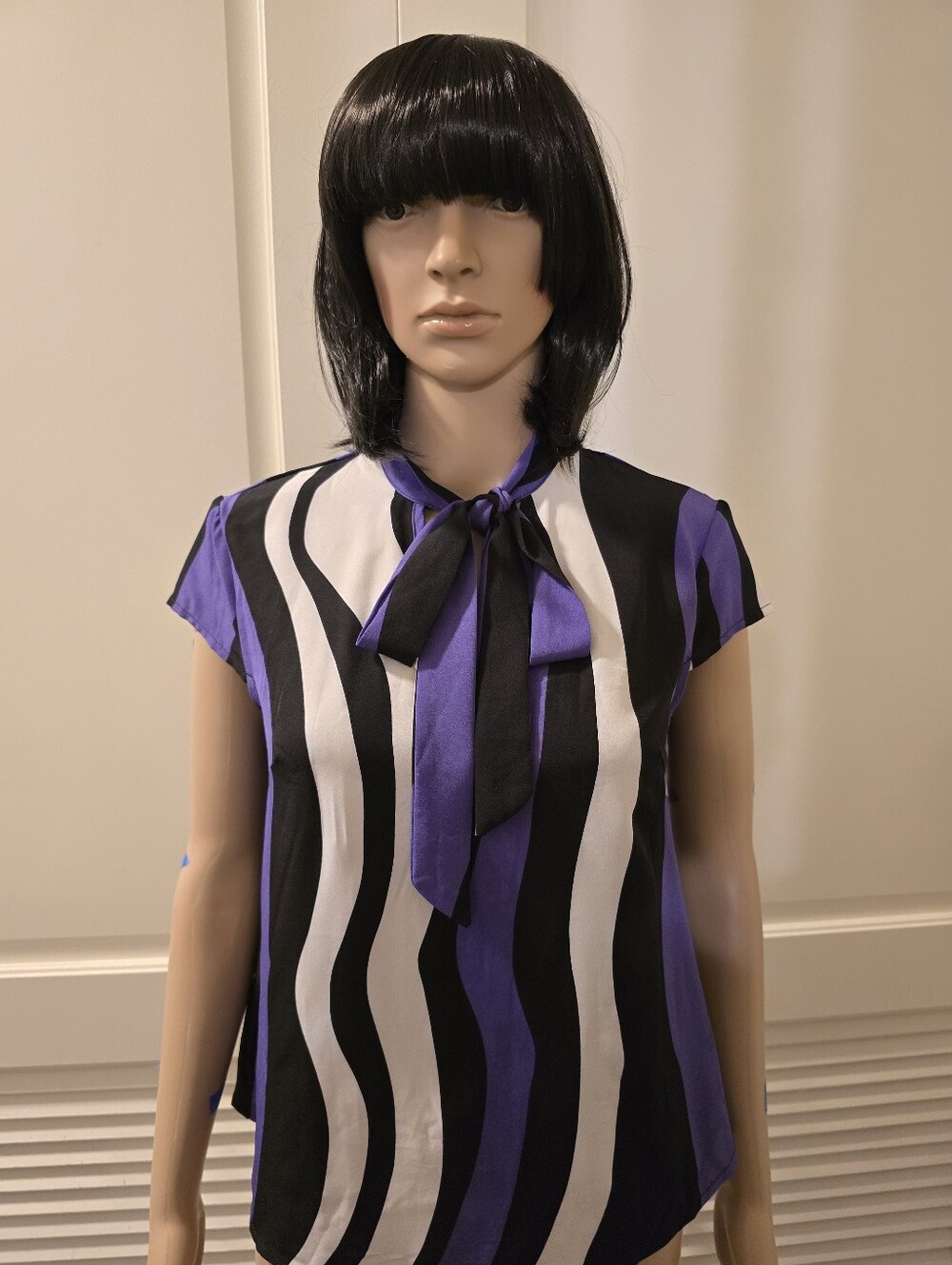 Purple Black White Wavy Tie-Neck Blouse💜